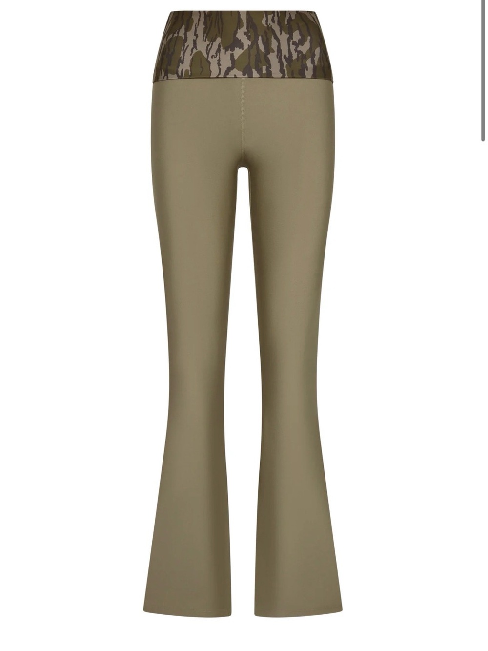 Olive High-Waist Flare Leggings with Camo Waistband